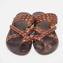 Saint Laurent Brown Braided Leather Neil Flat Slides Size 37