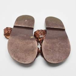Saint Laurent Brown Braided Leather Neil Flat Slides Size 37
