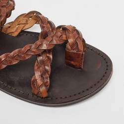 Saint Laurent Brown Braided Leather Neil Flat Slides Size 37