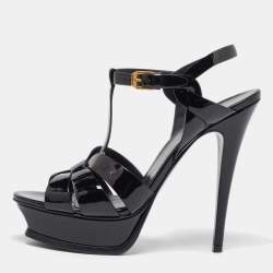 Saint Laurent Black Patent Leather Tribute Platform Sandals Size 39
