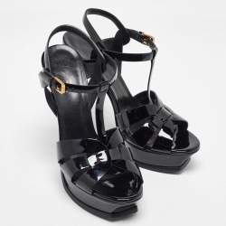 Saint Laurent Black Patent Leather Tribute Platform Sandals Size 39
