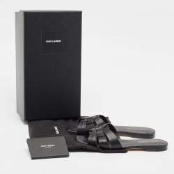 Saint Laurent Black Leather Tribute Flat Sandals Size 38.5