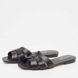 Saint Laurent Black Leather Tribute Flat Sandals Size 38.5