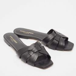 Saint Laurent Black Leather Tribute Flat Sandals Size 38.5