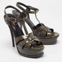 Saint Laurent Grey Patent Leather Tribute Platform Sandals 38.5