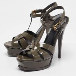 Saint Laurent Grey Patent Leather Tribute Platform Sandals 38.5