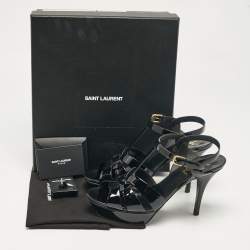Pre Owned Saint Laurent Black Patent Leather Tribute Ankle Strap Sandals Size 38.5