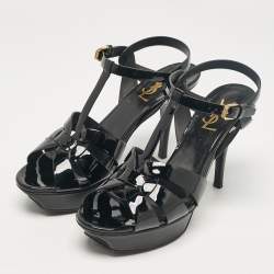 Pre Owned Saint Laurent Black Patent Leather Tribute Ankle Strap Sandals Size 38.5