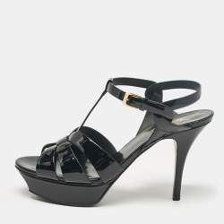 Pre Owned Saint Laurent Black Patent Leather Tribute Ankle Strap Sandals Size 38.5