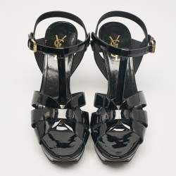 Pre Owned Saint Laurent Black Patent Leather Tribute Ankle Strap Sandals Size 38.5