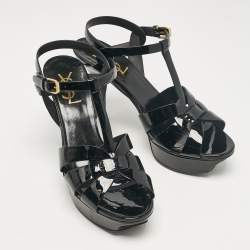 Pre Owned Saint Laurent Black Patent Leather Tribute Ankle Strap Sandals Size 38.5