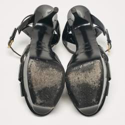 Pre Owned Saint Laurent Black Patent Leather Tribute Ankle Strap Sandals Size 38.5