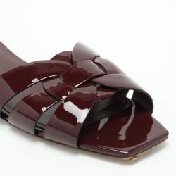 Saint Laurent Burgundy Patent Leather Tribute Flat Slides Size 39.5