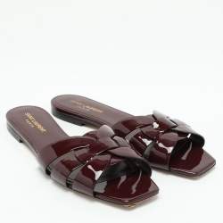 Saint Laurent Burgundy Patent Leather Tribute Flat Slides Size 39.5
