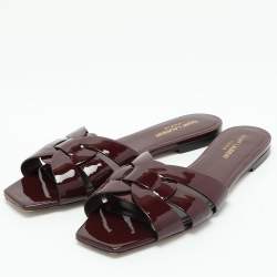 Saint Laurent Burgundy Patent Leather Tribute Flat Slides Size 39.5