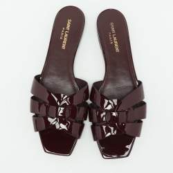 Saint Laurent Burgundy Patent Leather Tribute Flat Slides Size 39.5