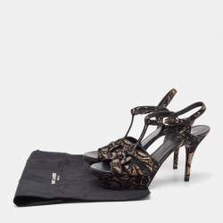 Pre Owned Saint Laurent Black/Beige Lace and Satin Tribute Sandals Size 38.5