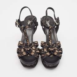 Pre Owned Saint Laurent Black/Beige Lace and Satin Tribute Sandals Size 38.5