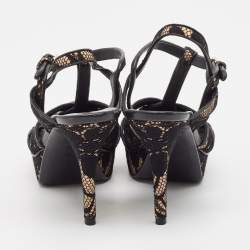 Pre Owned Saint Laurent Black/Beige Lace and Satin Tribute Sandals Size 38.5