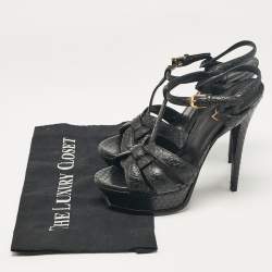 Saint Laurent Black Python Embossed Leather Tribute Platform Sandals Size 38