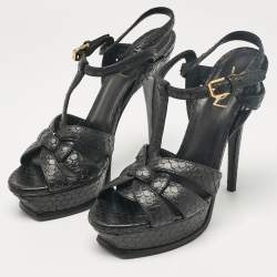 Saint Laurent Black Python Embossed Leather Tribute Platform Sandals Size 38