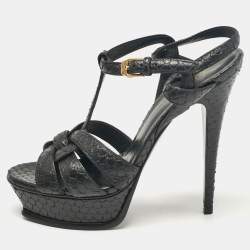 Saint Laurent Black Python Embossed Leather Tribute Platform Sandals Size 38