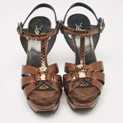 مملوكة مسبقًا Saint Laurent Metallic Gold Python Embossed Leather Tribute Platform Sandals Size 39