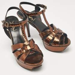 مملوكة مسبقًا Saint Laurent Metallic Gold Python Embossed Leather Tribute Platform Sandals Size 39