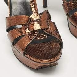 مملوكة مسبقًا Saint Laurent Metallic Gold Python Embossed Leather Tribute Platform Sandals Size 39