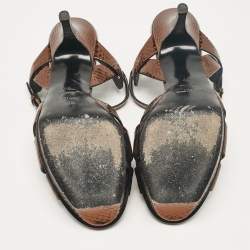 مملوكة مسبقًا Saint Laurent Metallic Gold Python Embossed Leather Tribute Platform Sandals Size 39