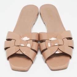 Pre Owned Saint Laurent Beige Patent Leather Tribute Flat Sandals Size 38