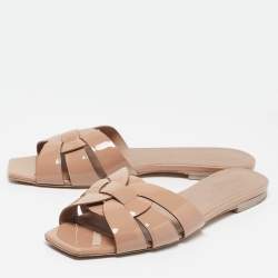 Pre Owned Saint Laurent Beige Patent Leather Tribute Flat Sandals Size 38