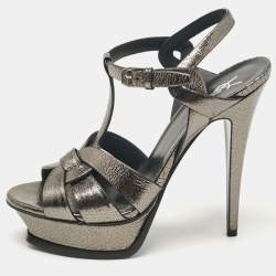Saint Laurent Metallic Leather Tribute Ankle Strap Sandals Size 38