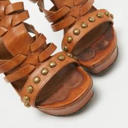 مملوكة مسبقًا Saint Laurent Brown Leather Gladiator Slide Sandals Size 37