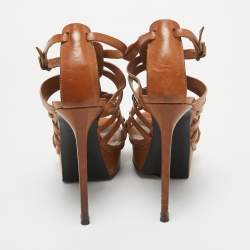 مملوكة مسبقًا Saint Laurent Brown Leather Gladiator Slide Sandals Size 37