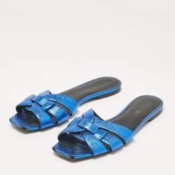 Saint Laurent Metallic Blue Leather Tribute Flat Slides Size 38.5