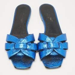 Saint Laurent Metallic Blue Leather Tribute Flat Slides Size 38.5