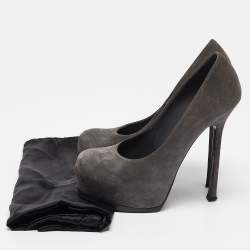 Pre Owned Saint Laurent Grey Suede Tribtoo Platform Pumps Size 37