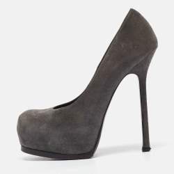 Pre Owned Saint Laurent Grey Suede Tribtoo Platform Pumps Size 37