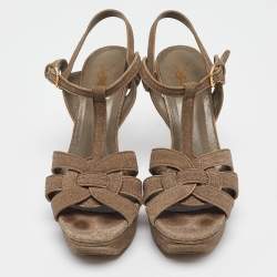 Saint Laurent Grey Texture Suede Tribute Platform Sandals Size  39