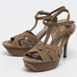 Saint Laurent Grey Texture Suede Tribute Platform Sandals Size  39