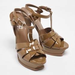 Saint Laurent Olive Green Patent Leather Tribute Sandals Size 37