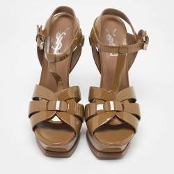 Saint Laurent Olive Green Patent Leather Tribute Sandals Size 37