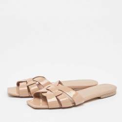 Saint Laurent Beige Patent Leather Tribute Flat Slides Size 36.5