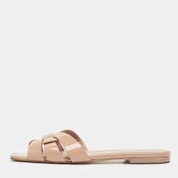 Saint Laurent Beige Patent Leather Tribute Flat Slides Size 36.5