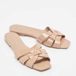 Saint Laurent Beige Patent Leather Tribute Flat Slides Size 36.5