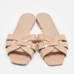 Saint Laurent Beige Patent Leather Tribute Flat Slides Size 36.5