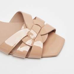 Saint Laurent Beige Patent Leather Tribute Flat Slides Size 36.5