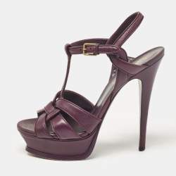 مملوكة مسبقًا Saint Laurent Purple Leather Tribute Platform Sandals Size 37