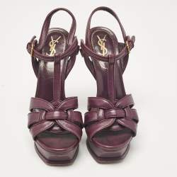 مملوكة مسبقًا Saint Laurent Purple Leather Tribute Platform Sandals Size 37